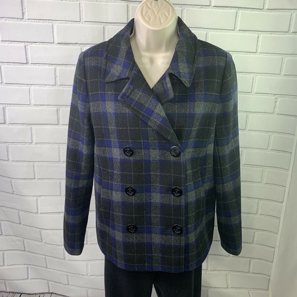 J. Crew Green Plaid Pea Coat 2 Double Breasted - Picture 2 of 7